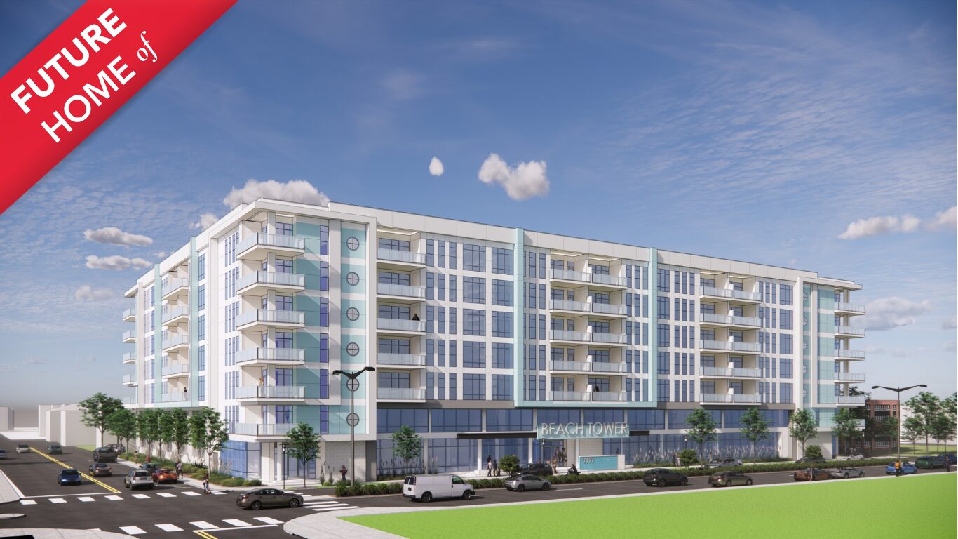 Beach Tower Hero Pacific Ave entrance with Future Home of Text